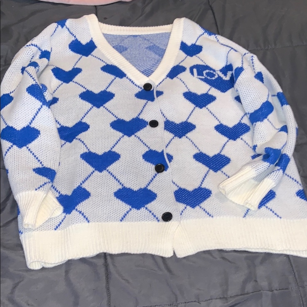 Blue and White Heart Pattern Cardigan